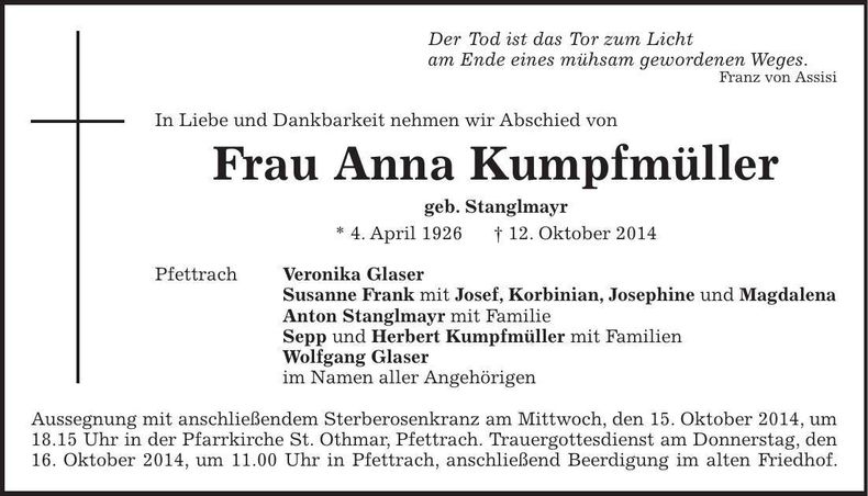Traueranzeige Anna Kumpfmüller