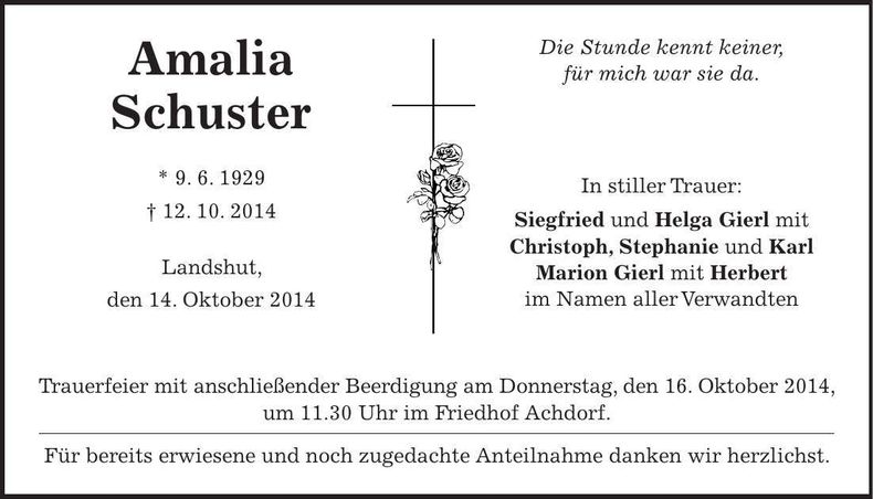 Traueranzeige Amalia Schuster