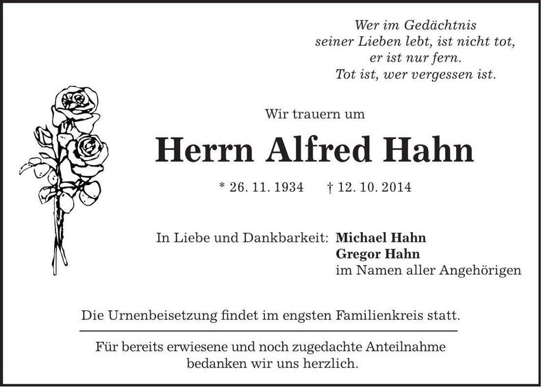 Traueranzeige Alfred Hahn