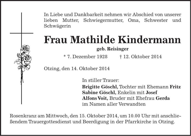 Traueranzeige Mathilde Kindermann