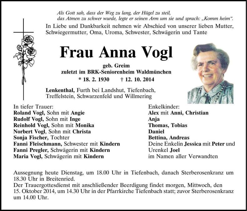 Traueranzeige Anna Vogl