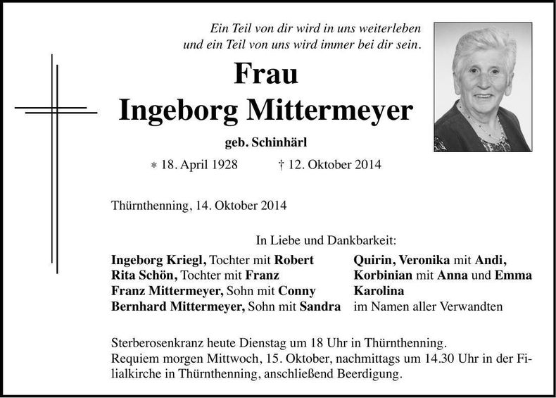 Traueranzeige Ingeborg Mittermeyer