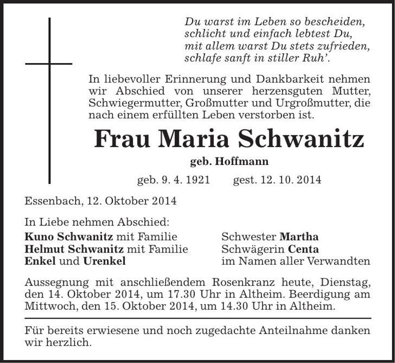 Traueranzeige Maria Schwanitz