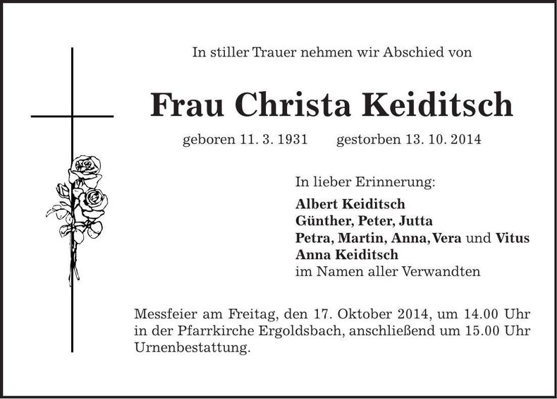 Traueranzeige Christa Keiditsch