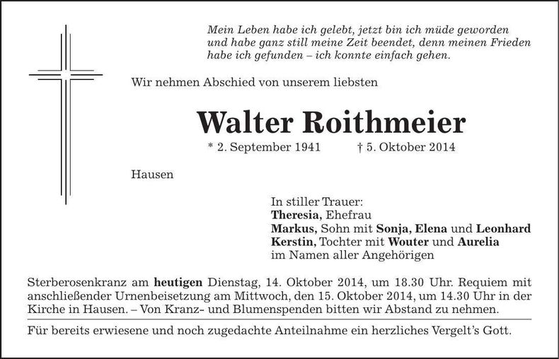 Traueranzeige Walter Roithmeier