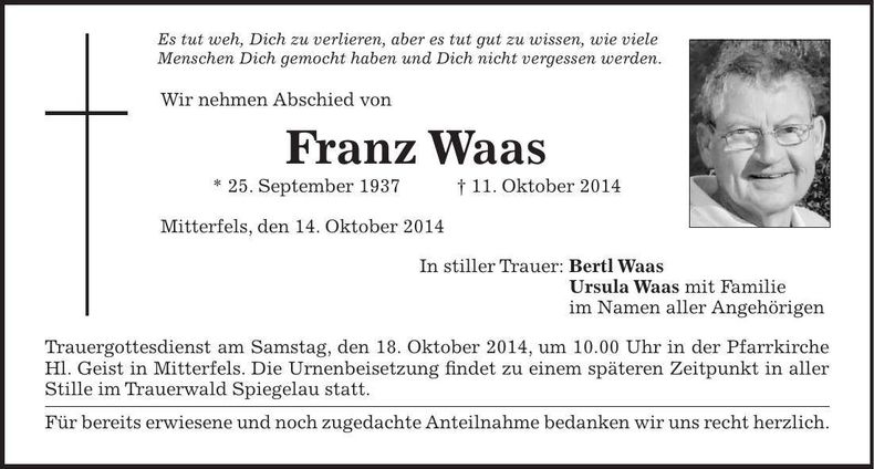 Traueranzeige Franz Waas