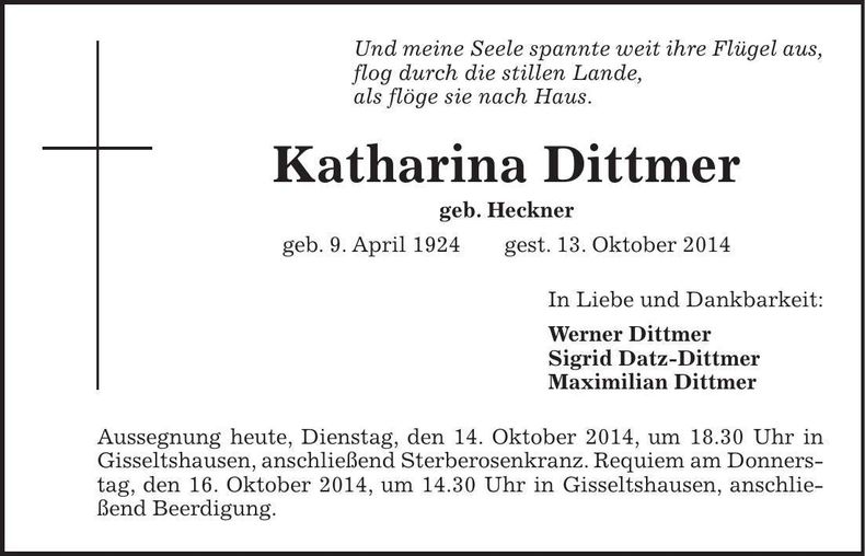 Traueranzeige Katharina Dittmer