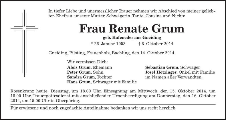 Traueranzeige Renate Grum