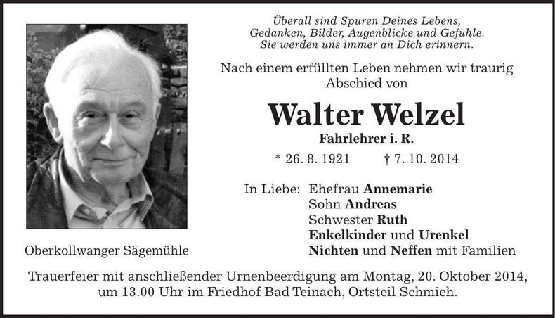 Traueranzeige Walter Welzel