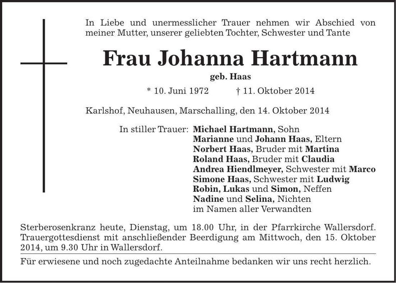 Traueranzeige Johann Haas