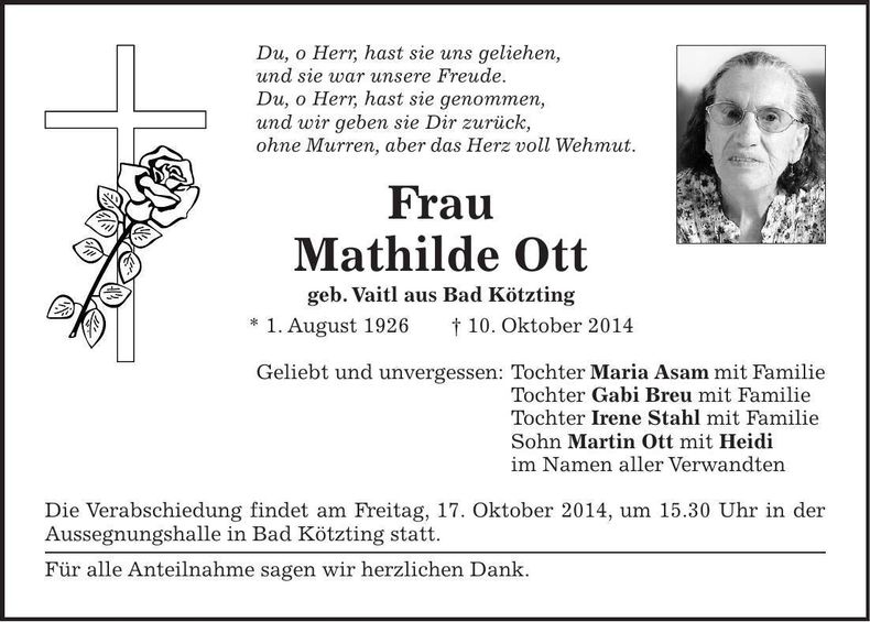 Traueranzeige Mathilde Ott