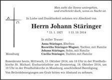 Traueranzeige Johann Stäringer
