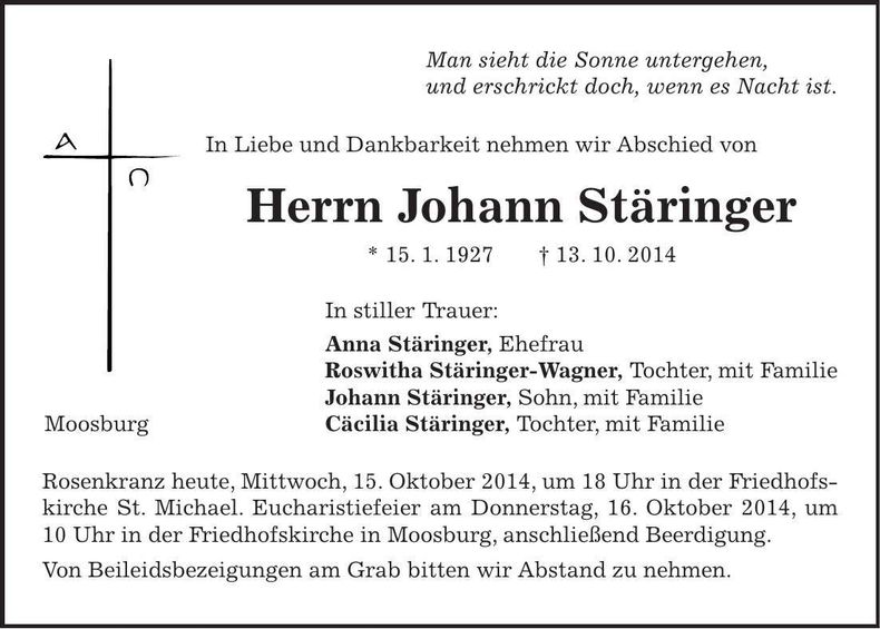 Traueranzeige Johann Stäringer