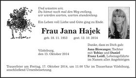 Traueranzeige Jana Hajek
