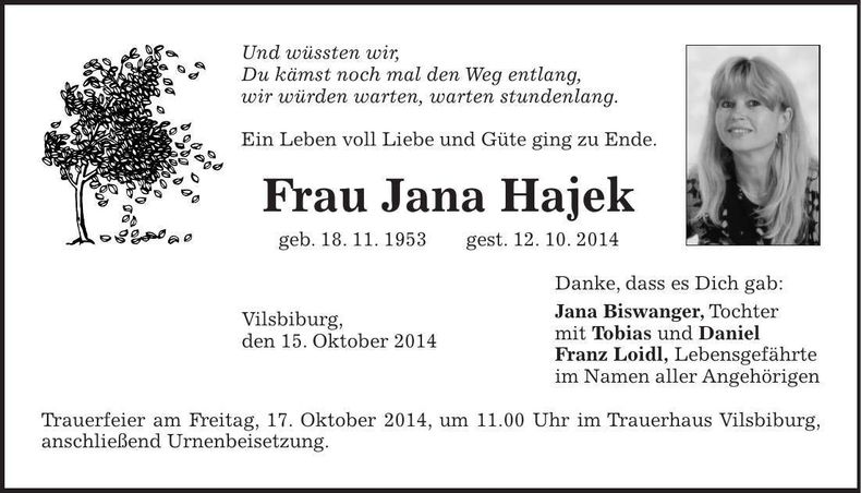 Traueranzeige Jana Hajek