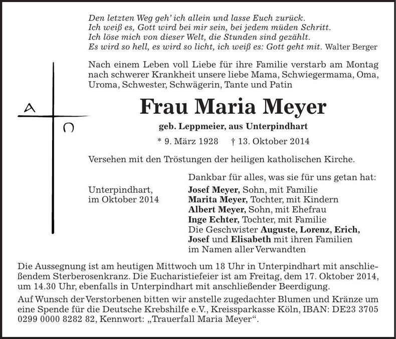 Traueranzeige Maria Meyer