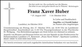 Traueranzeige Franz Xaver Huber