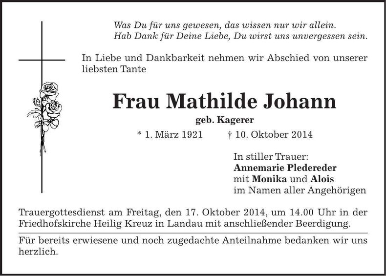 Traueranzeige Mathilde Johann