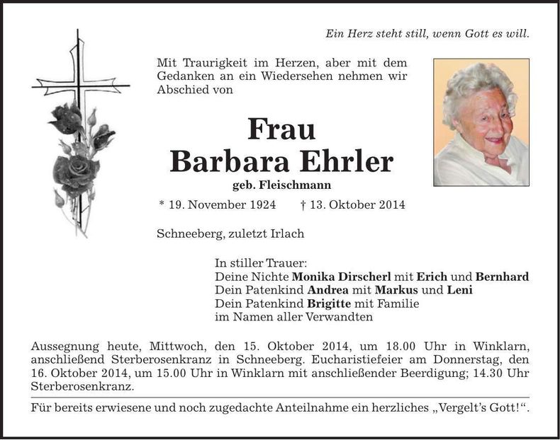 Traueranzeige Barbara Ehrler