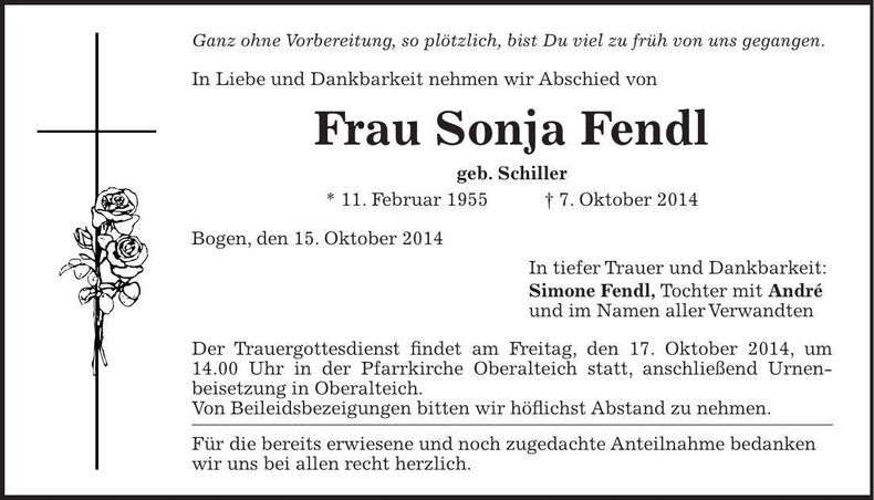 Traueranzeige Sonja Fendl