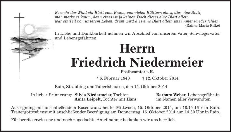 Traueranzeige Friedrich Niedermeier
