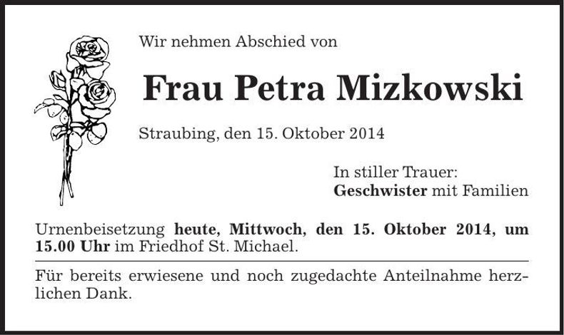 Traueranzeige Petra Mizkowski