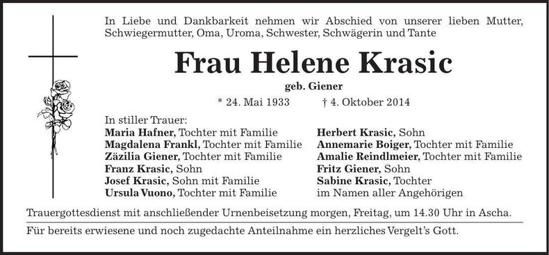 Traueranzeige Helene Krasic