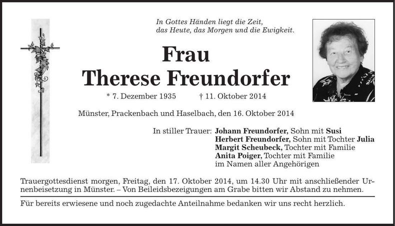 Traueranzeige Therese Freundorfer