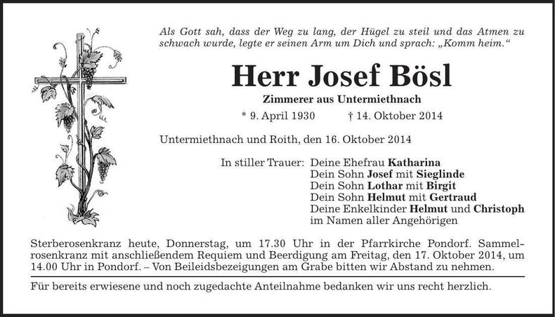 Traueranzeige Josef Bösl