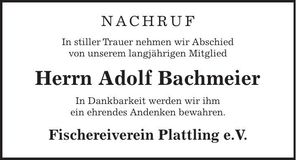 Traueranzeige Adolf Bachmeier
