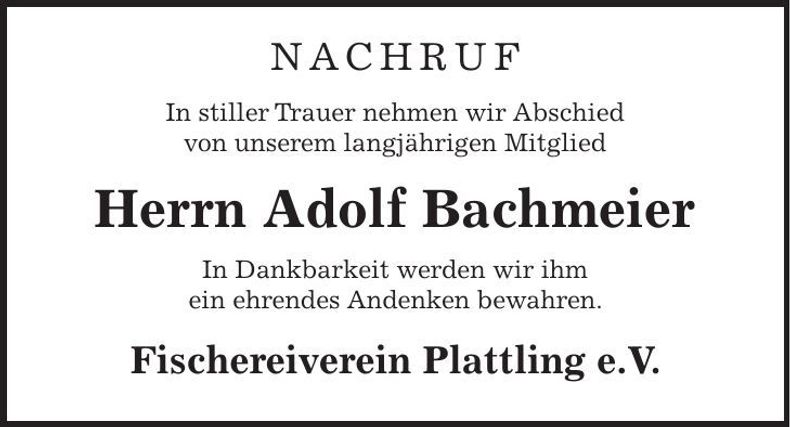 Traueranzeige Adolf Bachmeier