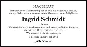 Traueranzeige Ingrid Schmidt