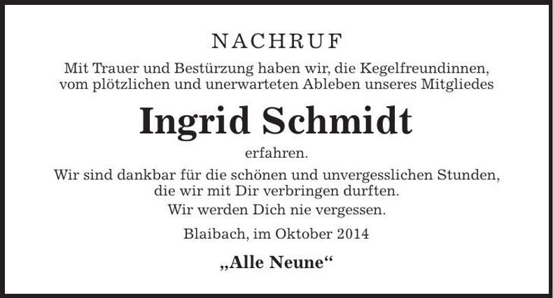 Traueranzeige Ingrid Schmidt