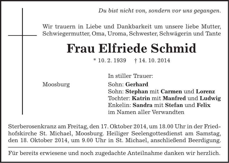 Traueranzeige Elfriede Schmid