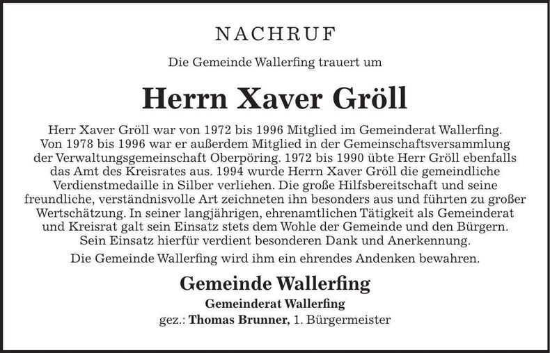 Traueranzeige Xaver Gröll