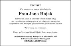 Traueranzeige Jana Hajek