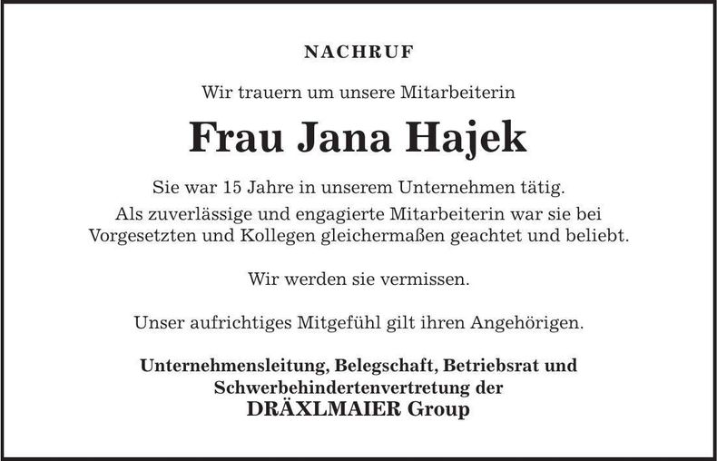 Traueranzeige Jana Hajek
