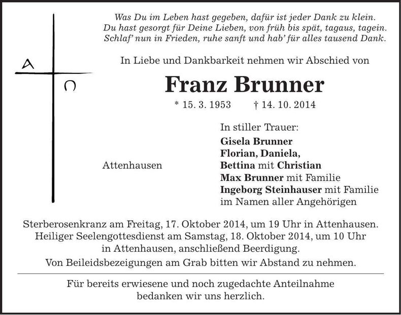 Traueranzeige Franz Brunner