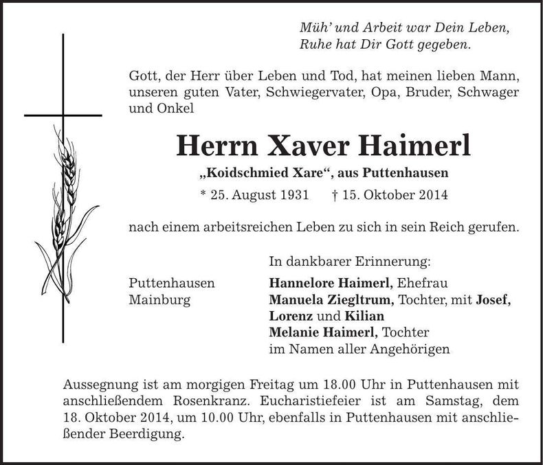 Traueranzeige Xaver Haimerl