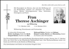 Traueranzeige Therese Aschinger