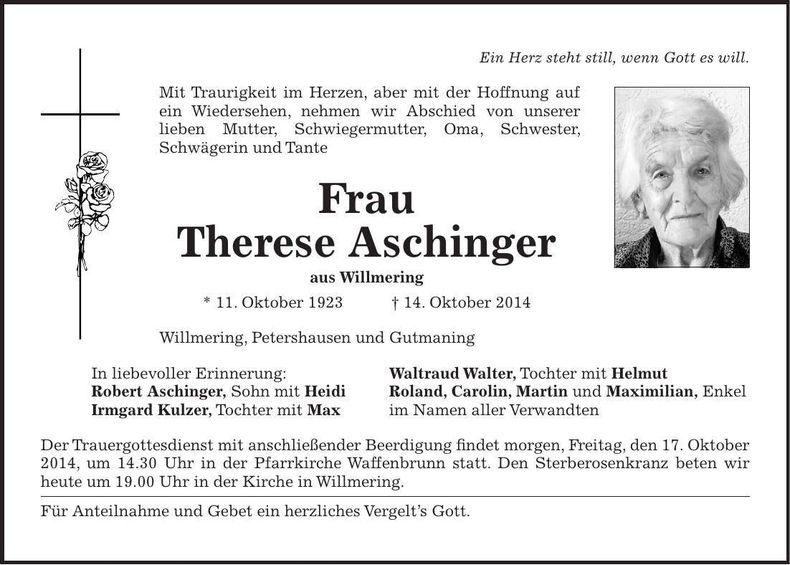 Traueranzeige Therese Aschinger