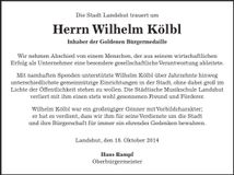 Traueranzeige Wilhelm Kölbl