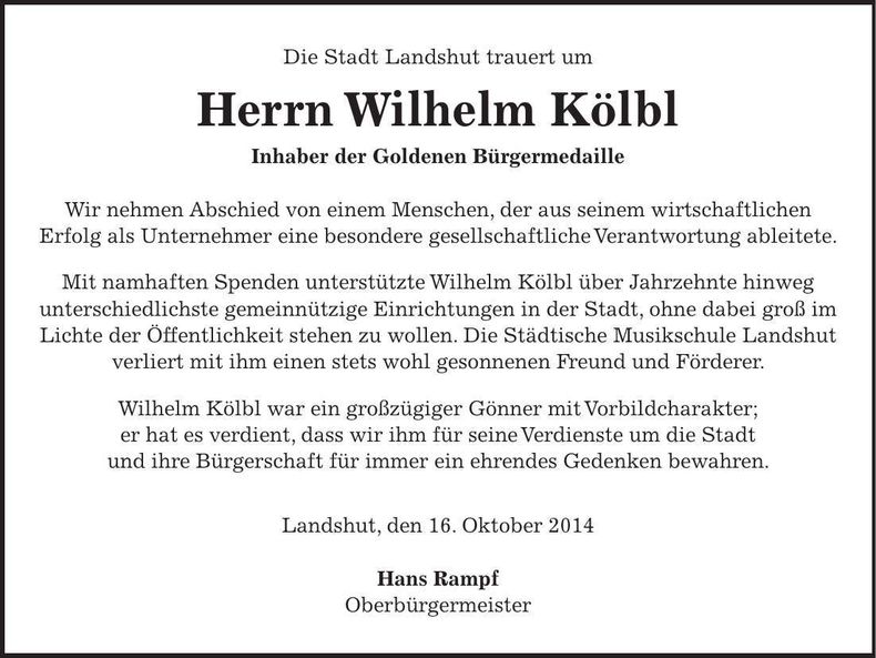 Traueranzeige Wilhelm Kölbl