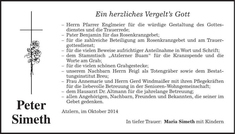 Traueranzeige Peter Simeth