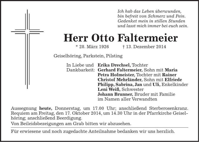 Traueranzeige Otto Faltermeier