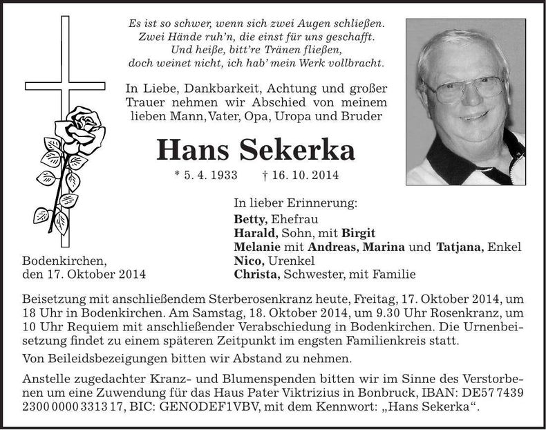 Traueranzeige Hans Sekerka