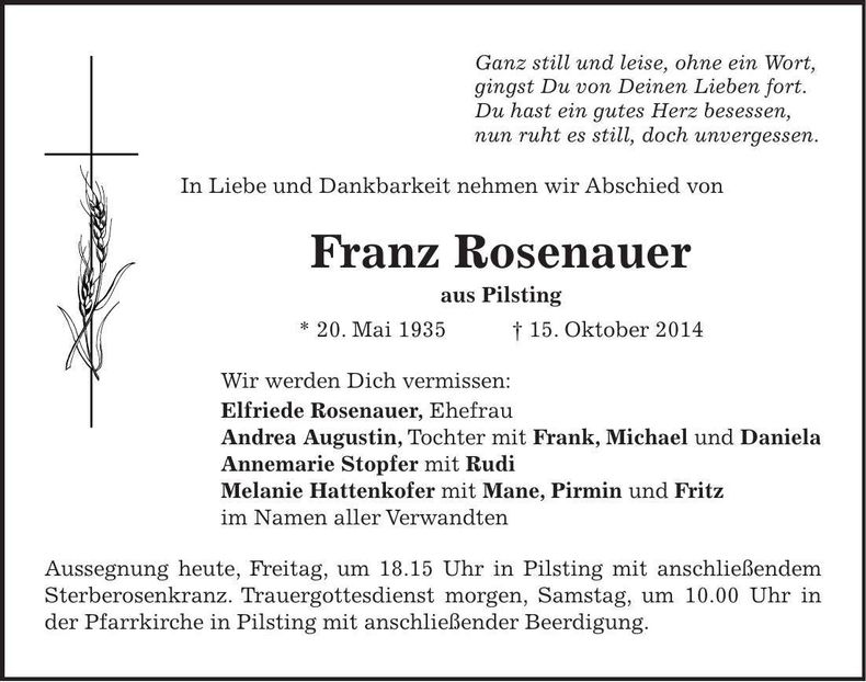 Traueranzeige Franz Rosenauer