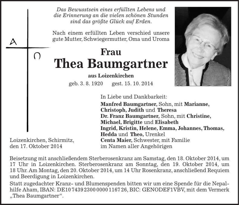 Traueranzeige Thea Baumgartner
