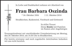 Traueranzeige Barbara Oszinda
