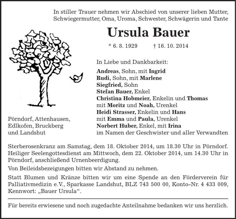 Traueranzeige Ursula Bauer